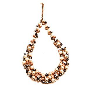 Statement Cluster Pearl Bead Rhinestone Necklace – Gold Tone Multi-Color Faux